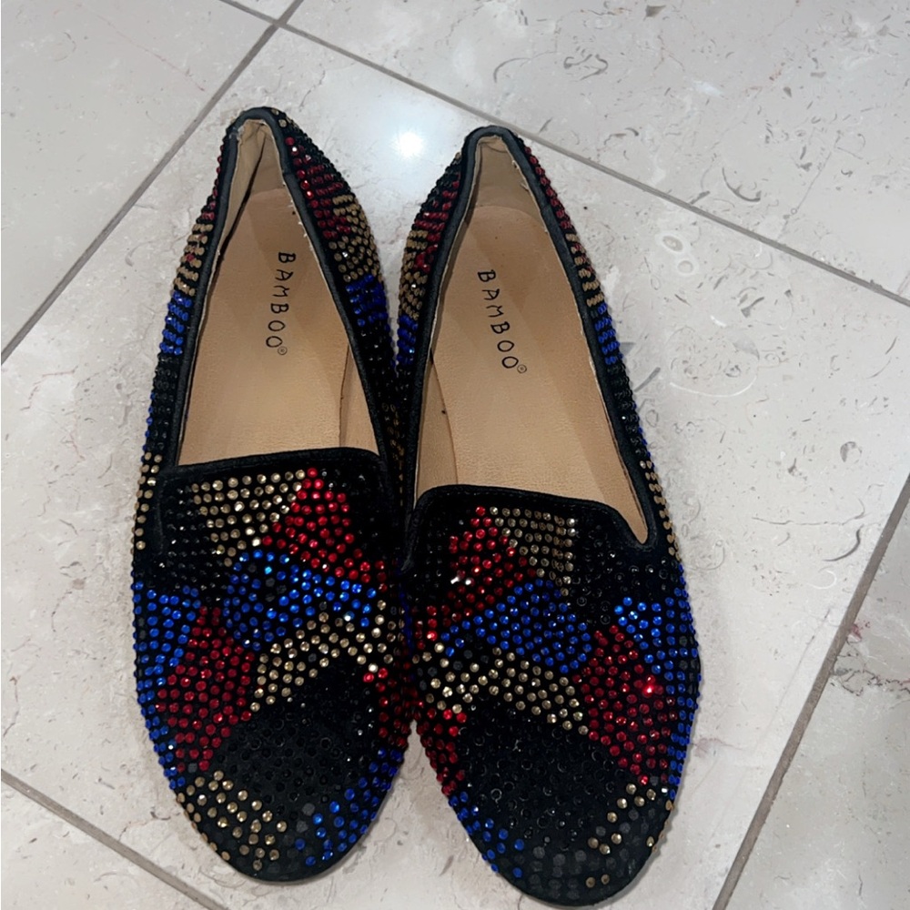 BAMBOO Women's Black, Red, and Blue Studded Loafers